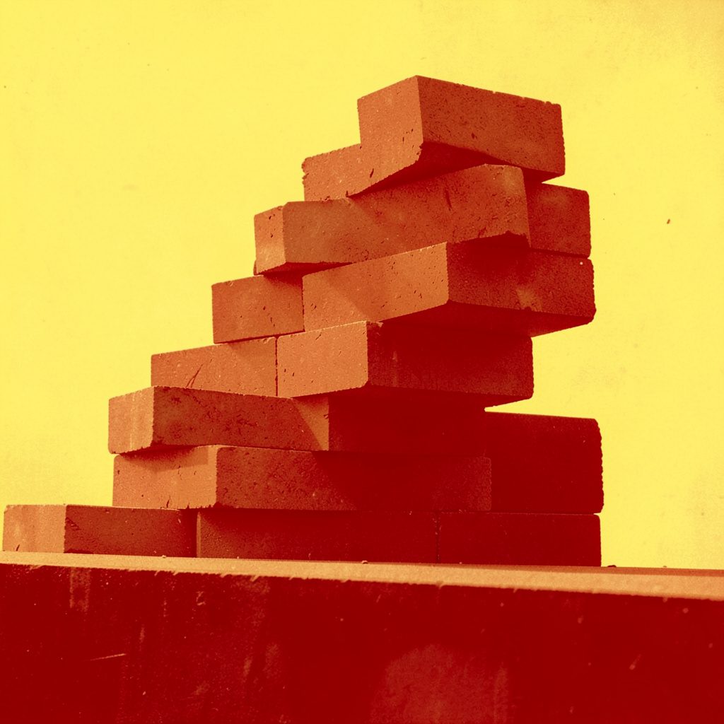A duotone photograph in warm yellow and brick red showing abstract stacked blocks rising in offset layers, suggesting structure and quiet momentum.